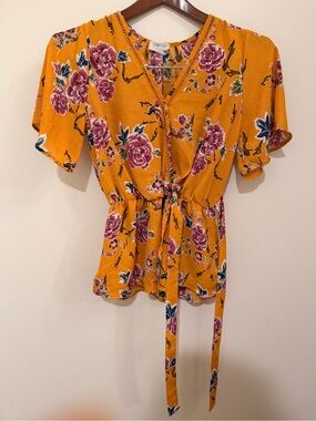 Sienna Sky Mustard Yellow Floral Short-Sleeve Peplum Blouse Wrap-Front Tie Waist